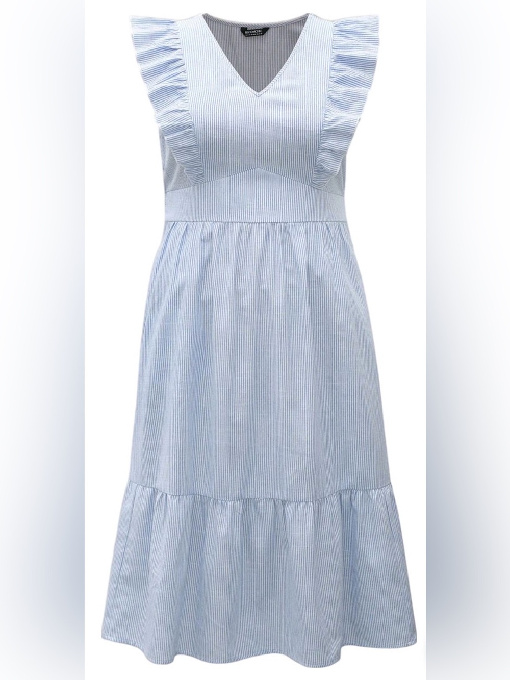 Women’s Light Blue Pinstripe V-Neck Linen Dress